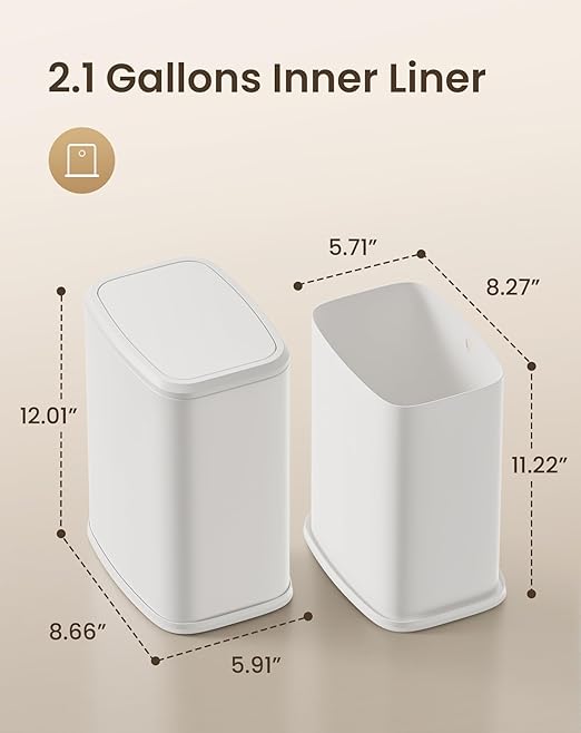 Cesun Small Bathroom Trash Can with Swing-Top Lid,8L/2.1 Gallon Stainless Steel Garbage Can with Removable Inner Bucket, Slim Waste Basket for Home, Office, Toilet, Bedroom, Living-Room (White)
