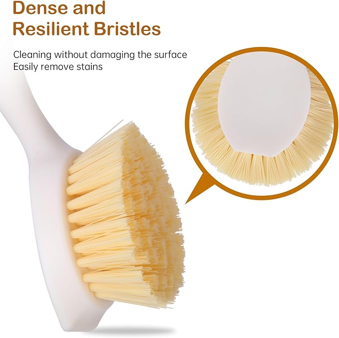 3 Pack Dish Brush Set with Bamboo Handle, Dish Scrubber Built-in Scraper, Kitchen Scrub Brush for Cleaning Cast Iron Cookware, Pans, Pots, Counter & Kitchen Sink (White)