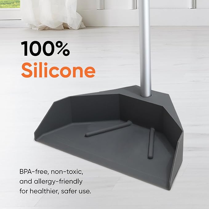 Superio Silicone Dust Pan with 35" Aluminum Long Handle & 16 Pet Hair Remover Silicone Broom - Lobby Dustpan Stand-Up & Carpet Rake Set for Hardwood, Tile, and Rugs - Gray