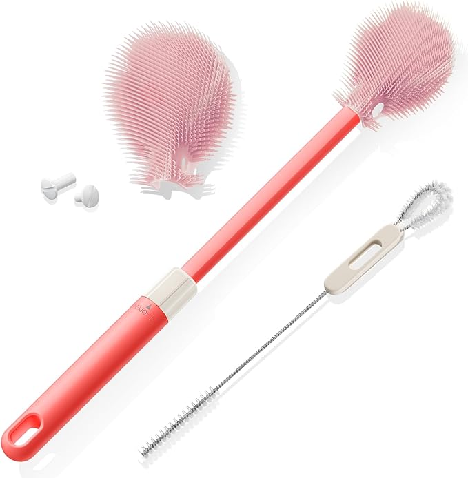 Extendable Bottle Brush with Straw Cleaner Brush, 10.8 to 14 Inches Adjustable Long Handle Water Bottle Scrubber for Cleaning Glasses, Cups, Coffee Mugs, tumblers with Replacement Head, Pink
