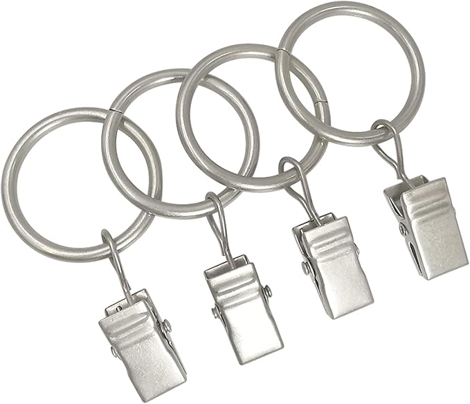 44 Pack Metal Curtain Rings with Clips, Drapery Clips with Rings, Drapes Rings 1 inch Inner Diameter, Fits Diameter 5/8 inch Curtain Rods, Matte Silver