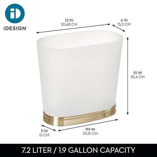 iDesign Slim Bathroom Trash Can, Small Plastic Garbage Can for Bedroom, Office, Desk, or Dorm, 2-Pack, Frost/Soft Brass