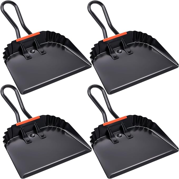 Mumufy 4 Pack Industrial Metal Dustpan 12" Heavy Duty Dust Pan with Handle Handheld Dustpan Wide Scooper Dust Debris Sweeping Tool Precision Edge Ideal for Cleaning Indoor Outdoor Surfaces(Black)