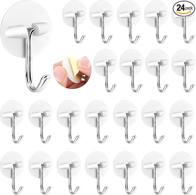 24pcs Round Plastic Hooks - Small Self Stick Hooks for Hanging, White, Waterproof & Oil Proof for Kitchen Utensils