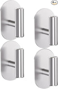 Silver Adhesive Hooks Heavy Duty, Wall Hooks for Shower, Bathroom, Towel, Coat, Robe, Stainless Steel Hooks for Hanging, Waterproof & Rustproof Sticky Hooks for Walls No Damage- 4 Pack