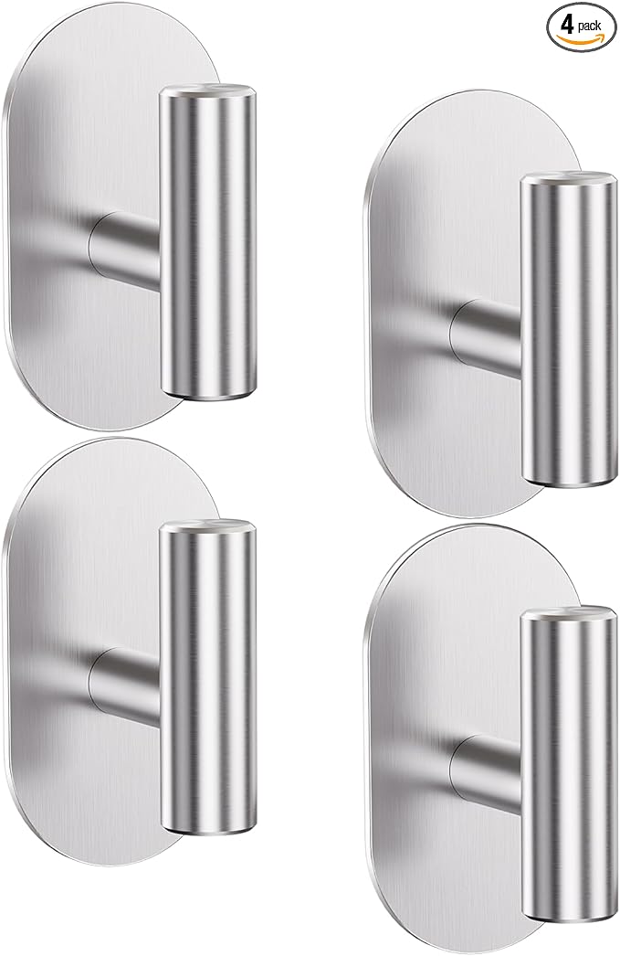 Silver Adhesive Hooks Heavy Duty, Wall Hooks for Shower, Bathroom, Towel, Coat, Robe, Stainless Steel Hooks for Hanging, Waterproof & Rustproof Sticky Hooks for Walls No Damage- 4 Pack