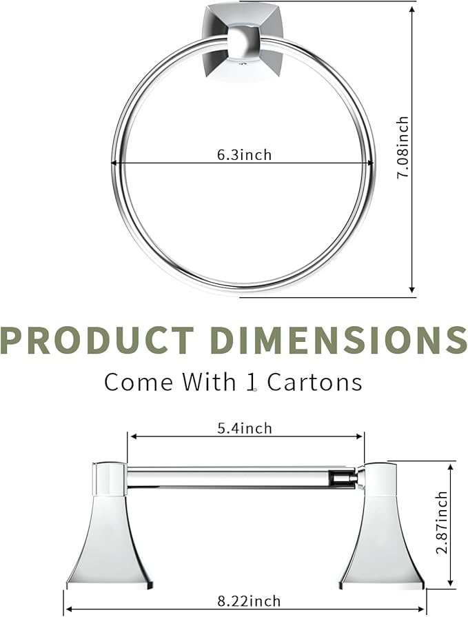 Bathroom Hardware Set 2 Pieces Toilet Paper Holder and Towel Ring Wall Mounted Stainless Steel and Zinc Alloy Chrome