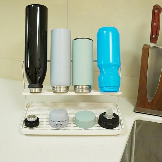 Countertop Kitchen Bottle Drying Rack with Drain Tray, 12.4 x 7.09 inch Counter Organizer, for Insulated Water, Baby Bottles and More - White