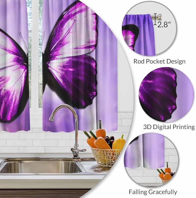 Purple Butterfly Kitchen Curtains Magical Mystical Beautiful Butterfly Short Tier Curtains for Bathroom Cafe Small Window Drapes Treatment 2 Panels (27.5x39 Inch)