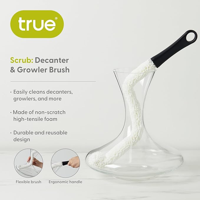 True Decanter and Growler Brush Multipurpose Glassware Cleaner, No-Scratch High-Tensile Foam Reusable Cleaning Accessory with Ergonomic Handle, White