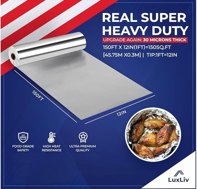 Aluminum Heavy Duty 30 Micron Tin Foil Roll – 12 inch wide x150ft ft Length,150 sq ft – BBQ Grade & Extra Thick, Strong Enough for Food Service Industry with cutter - LuxLiv®