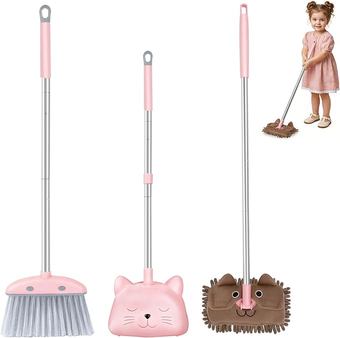Kids Cleaning Toy 3-Piece Set - Broom, Dustpan & Mop | 28-Inch Mini Broom, Toddler Household Helper, Perfect Tool for Cleaning Tiny Corners, Adorable Cartoon Style (Pink)