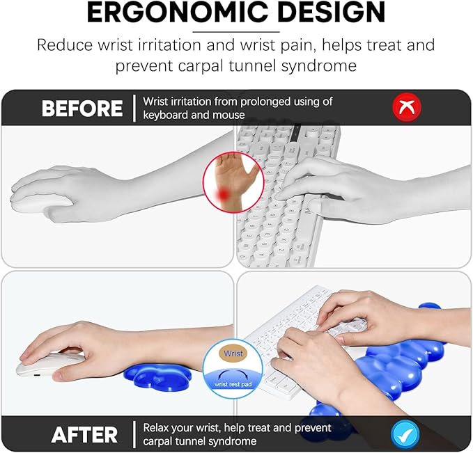 JIKIOU Clear Gel Wrist Rest for Keyboard and Mouse, Cool Silicone Mouse Wrist Rest Set, Cute Ergonomic Wrist Rest for Keyboard Typing Pain Relief, Suitable for Office Computer Laptop Gaming Blue