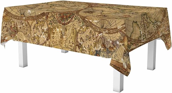Vintage World Atlas Map Table Cover 52x70 Pirate Adventures Old Transportation Symbols Table Cloth Rectangle Table for Banquet Party Decorative Outdoor Picnic Dining Kitchen Table Cover