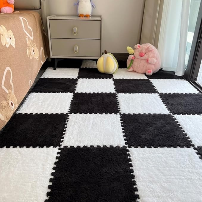 12Pcs Interlocking Carpet Tiles,12"x 12" Plush Interlocking Foam Carpet Tiles with Border,Fluffy Play Mat Floor Tiles Thick Padded Squares Foam Tiles for Playroom Decor (White+Black)