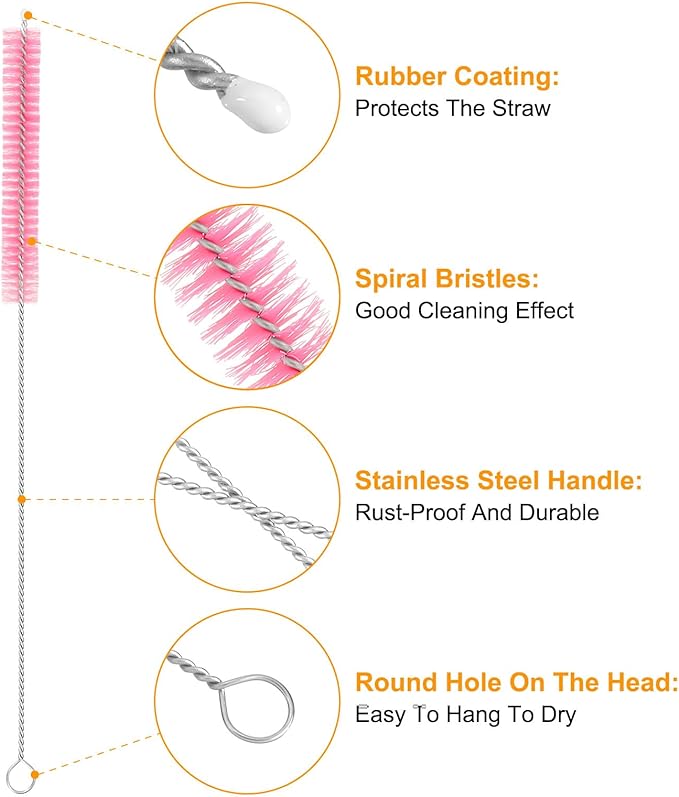 uxcell 10Pcs Drinking Straw Cleaning Brushes, 10" x 3/8" Nylon Bristles Long Straw Brush Pipe Cleaner for Washing Straws Pot Spout, Sippy Cup, Bottle and Tube (Pink)