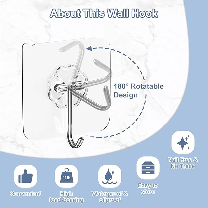 30Pack Adhesive Hooks Set, Stainless Steel Clear Sticky Hooks, Heavy Duty Wall Hooks for Home Kitchen, Bathroom, Door, 20 Small 33lb & 10 Large 44lb Waterproof Utility Hooks