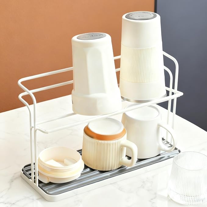 Bottle Drying Rack,Coffee Mug Holder with Drain Tray for Coffee Cup,Water Cup(White)