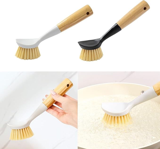 2 Pack Kitchen Dish Brush Grill Brush+Reusable Rubber Gloves,Kitchen Cleaning Sets,Long Dish Scrubber Built-in Scraper,Scrub Brushes for Pans Pots Sink,Range Hood (White&Black) Pre-Christmas Clean