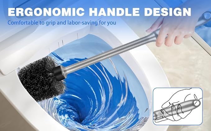Toilet Brush and Holder 3 Pack with Long Handle - Non-Slip Grip Toilet Bowl Brush Set for Deep Cleaning Bathroom, Toilet Scrubber- Gray