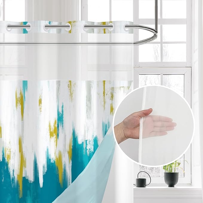 No Hook Shower Curtain with Snap in Liner, Hotel Style Teal Blue White Gold Brush Strokes Art Modern Shower Curtain Waterpoof Washable with See Through Top Window,71"x71"