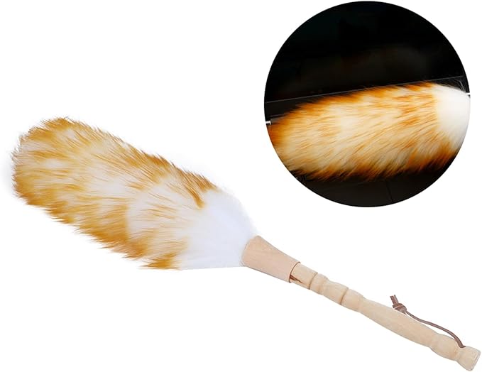 Lambswool Duster with Solid Wooden Handle, Antistatic Soft Wool Duster Dust Cleaner, 19.7in Household Furniture Cleaning Tool