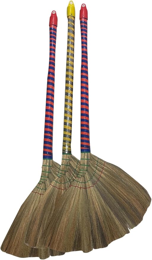 掃把 Anti-Static Choi Bong Co Vietnam Hand Made Straw Soft Broom Colored Handle 12" Head Width, 40" Overall Length 3-PC