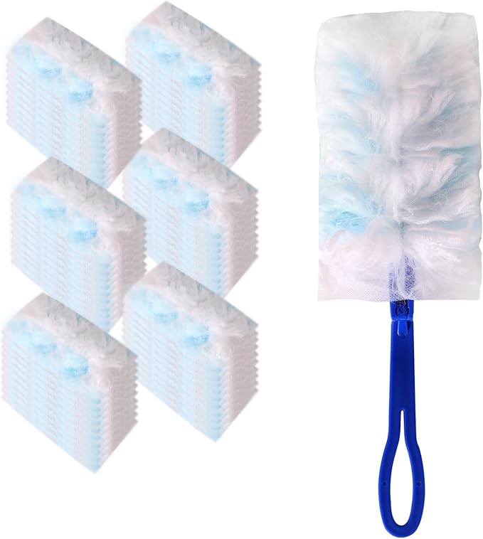 60 Pcs Blue Duster Refills Static Dust Removal Brush Disposable Replacement Head with 1 Handle for Electronics, Furniture, Blinds, Ceiling Fans
