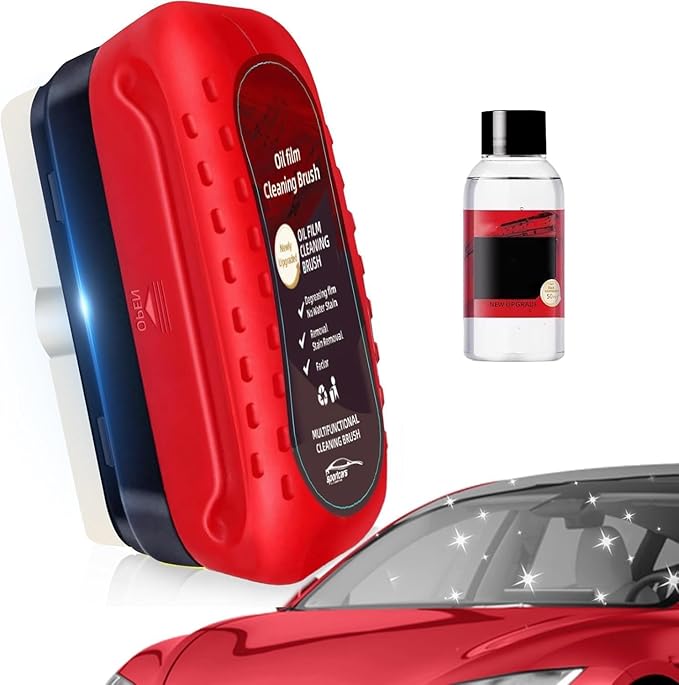 Kubot Automotive Oil Film Cleaning Brush New Glass Coating for Windshield Glass Oil Film Remover, Strong Front Windshield Remover for Windshield Improves Clarity and Visibility(1set, Red)