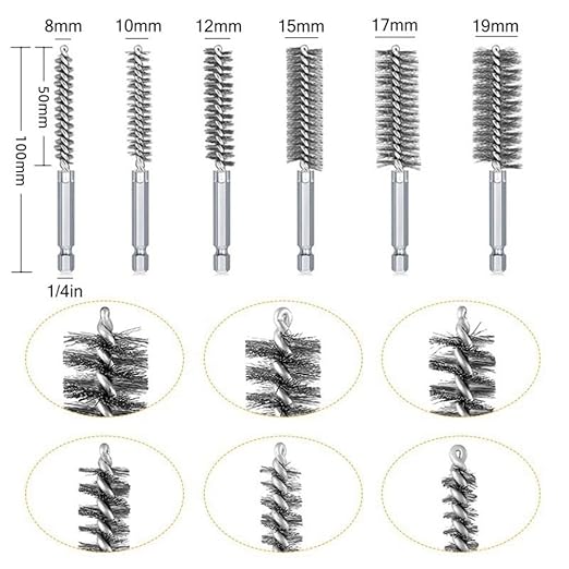 6PCS Stainless Steel Bore Brush Set with 1/4" Hex Shank,Twisted Drill Wire Bore Brush Set, Abrasive Wire Bore Brush for Power Drill,Different Sizes (8, 10, 12, 15, 17,19mm) for Rust and Tube Cleaning