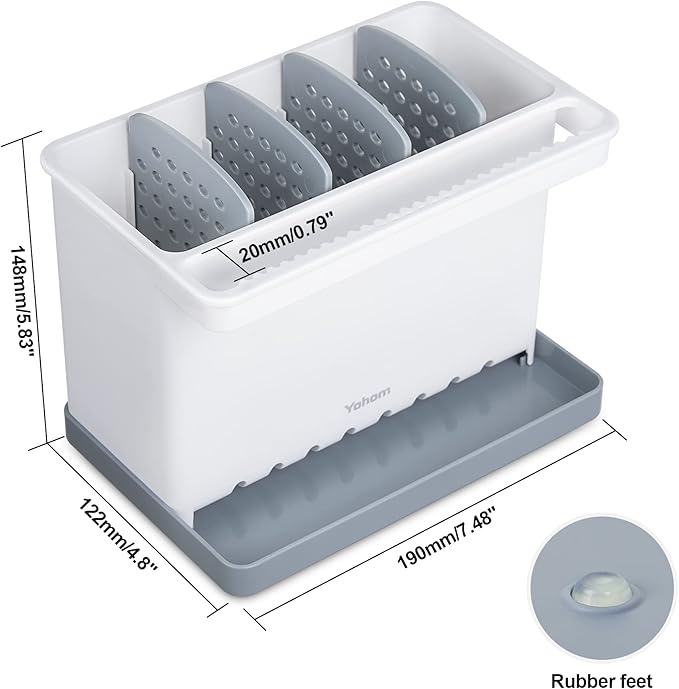 YOHOM Sink Brush Holder for Kitchen Sink Sponge Caddy Countertop Organizer Plastic Dish Scrubber Holder with Dividers