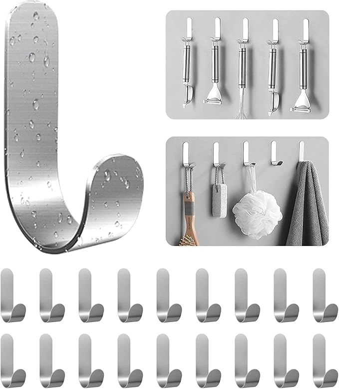Self Adhesive Towel Hooks, 304 Stainless Steel Heavy Duty Shower Hook for Bathroom, Kitchen, Living Room and Hotel to Hang Towels, Keys, Bags and Hats - 20 Pack