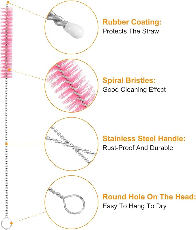 uxcell 10Pcs Drinking Straw Cleaning Brushes, 8" x 3/8" Nylon Bristles Long Straw Brush Pipe Cleaner for Washing Straws Pot Spout, Sippy Cup, Bottle and Tube (Pink)