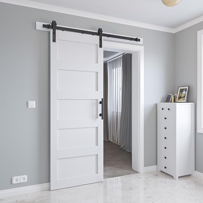30x84 Sliding Barn Door with 5ft Hardware Kit, Fit 26-28in Wide Opening, Pre-Drilled Solid Core, PVC Covered Water-Proof, Easy Assembly, White 5 Panel