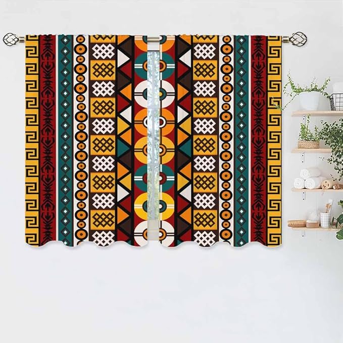 Kente Pattern Kitchen Curtains African Ancient Ethnic Tribal Geometrical Motifs Short Tier Curtains for Bathroom Cafe Small Window Drapes Treatment 2 Panels (27.5x39 Inch)