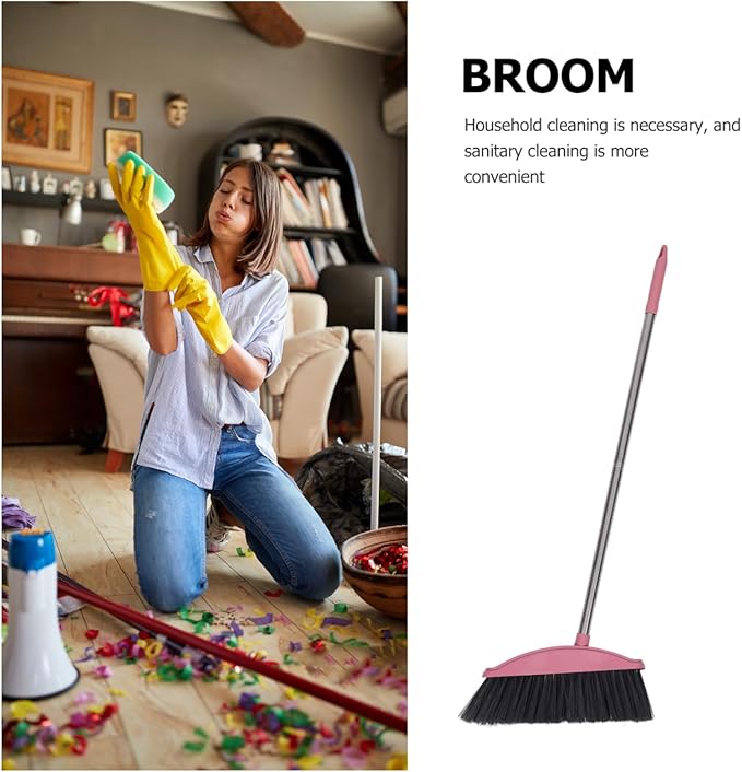 Luxshiny Indoor Broom, Stainless Steel Angle Broom with Long Handle Soft Floor Sweeping Brooms Home Cleaning Tool for Kitchen Bathroom Pet Pink