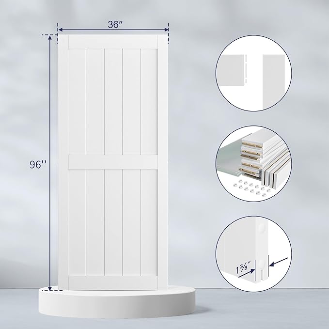 SmartStandard 36 x 96 inch White Sliding MDF Barn Door with 6.6FT Black Sliding Door Hardware Kit & Handle, Pre-Drilled Ready to Assemble, Waterproof PVC Coating, H-Frame
