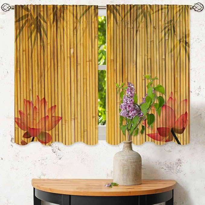 Bamboo Kitchen Curtains Pink Lotus Twigs Tree Branch Chinese Leaves Plants Short Tier Curtains for Bathroom Cafe Small Window Drapes Treatment 2 Panels (27.5x39 Inch)