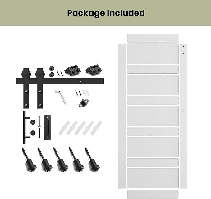 SmartStandard 32in x 84in Sliding Barn Door with 6FT Barn Door Hardware Track Kit & Handle, Waterproof PVC Surface, Pre-Drilled Holes Easy to Assemble, Solid, MDF, White, 5-Panel