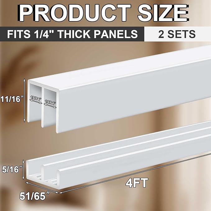 Landical 2 Set 4 ft White Aluminum Sliding Door Track Set for 1/4" Thick Panels Closet Glass Doors Cabinet Window Aluminum Alloy Metal Sliding Track
