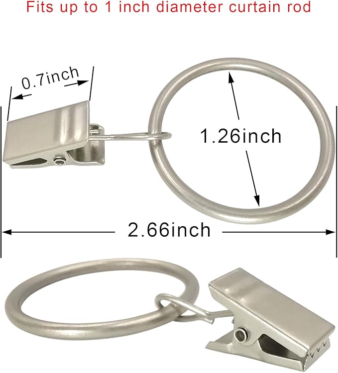 40 Pack Curtain Rings with Clips, Drapery Clips with Rings, Drapes Rings 1.26 in Interior Diameter, Fits up to 1 in Curtain Rod, Matte Silver