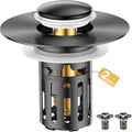 (2 Pc) Bathroom Sink Stopper-All Metal Sink Stopper-Universal Fit 99% Bathroom Stopper with Removable Stainless Steel Hair Catcher- Basin (1.1'' to 2.36'' inch) - Black