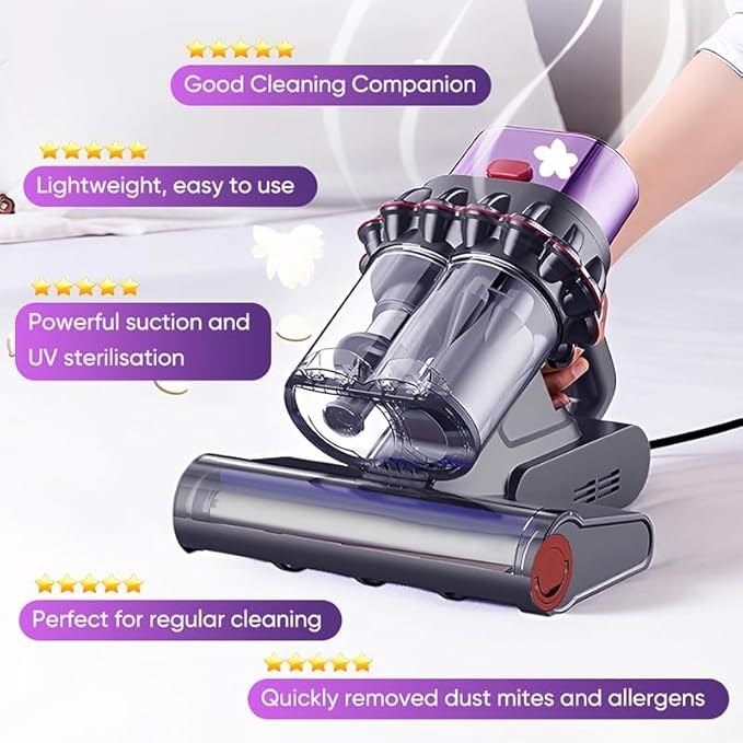 Saker Powerful Bed Vacuum Cleaner - 5-Cyclone Handheld Mattress Vacuum with Digital Display, 14kPa Auto-Suction Power & HEPA Filtration for Mattresses, Carpets & Home Cleaning