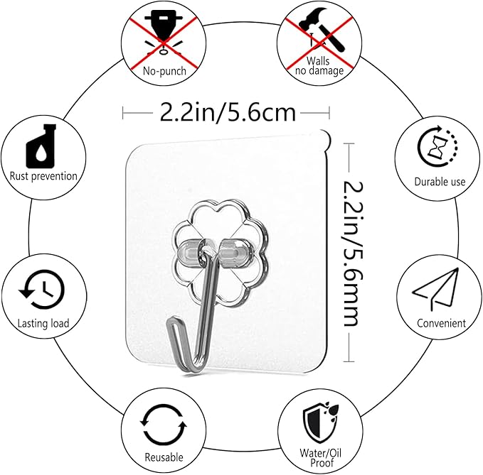 30-Pack Strong Adhesive Wall Hooks for Hanging Heavy Duty, Self Adhesive Towel Coat Hat Hook Bathroom Shower Organizer for Wall,Door,Closet Hanging Hooks, No Drilling (Transparent)