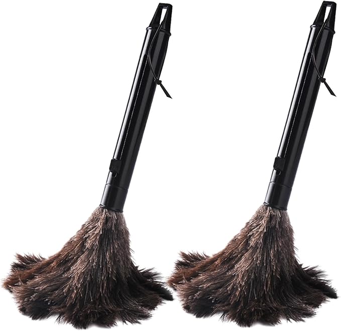 2pcs Ostrich Feather Duster for Cleaning, 9.8-16 inch Fluffy Natural Retractable Feather Duster with Retractable Handle (Black)
