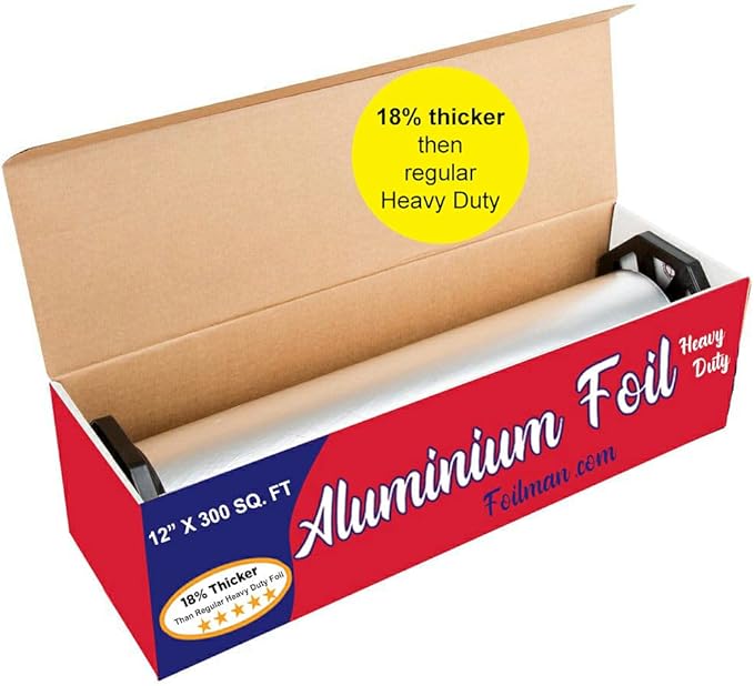 Foilman Thick & Heavy Duty Aluminum Foil Roll with Sturdy Corrugated Cutter Box, Food Safe Cling Wrap for Cooking, Baking, Roasting, Grilling, Freezer Storage - Durable Kitchen Use - 12 in x 300 sq ft