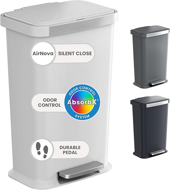 iTouchless SoftStep 13.2 Gal / 50L Step Pedal Kitchen Trash Can with Odor Filter, Durable Dent-Proof Construction and Stainless Steel Trim, Garbage Bin with Lid for Home Office, Bedroom, White Plastic