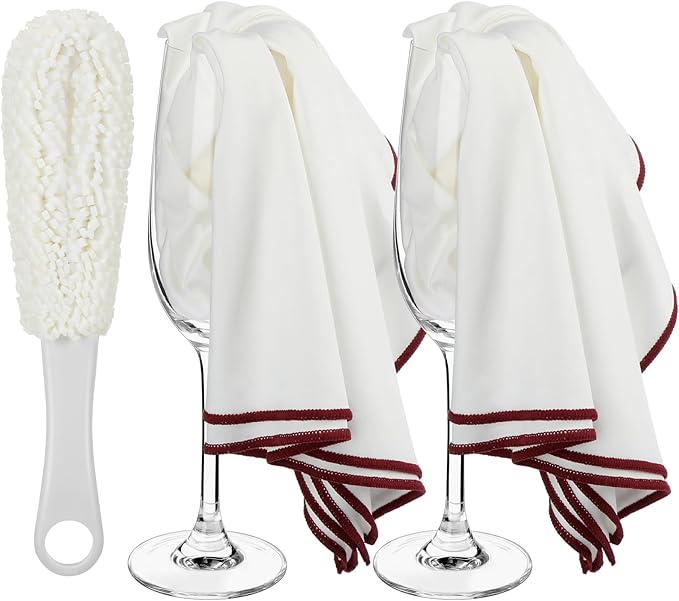 3 Pcs Wine Glass Cleaner Set Large Microfiber Polishing Cloths Wine Glass Cleaning Brush Lint-Free Drying Towels for Stemware Glassware Bar Restaurant Kitchen Supplies(White)