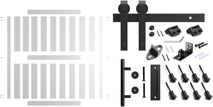 60''x 84'' Sliding Barn Door with 10 Ft Barn Door Hardware Kit& Handle& Floor Guides,Pre-Drilled Holes Easy Assembly - Include Installation Manual, Water-Proof PVC Surface, H-Frame, White