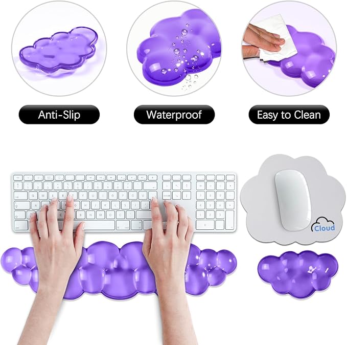 JIKIOU Clear Gel Wrist Rest for Keyboard and Mouse, Cool Silicone Mouse Wrist Rest Set, Cute Ergonomic Wrist Rest for Keyboard Typing Pain Relief, Suitable for Office Computer Laptop Gaming Purple
